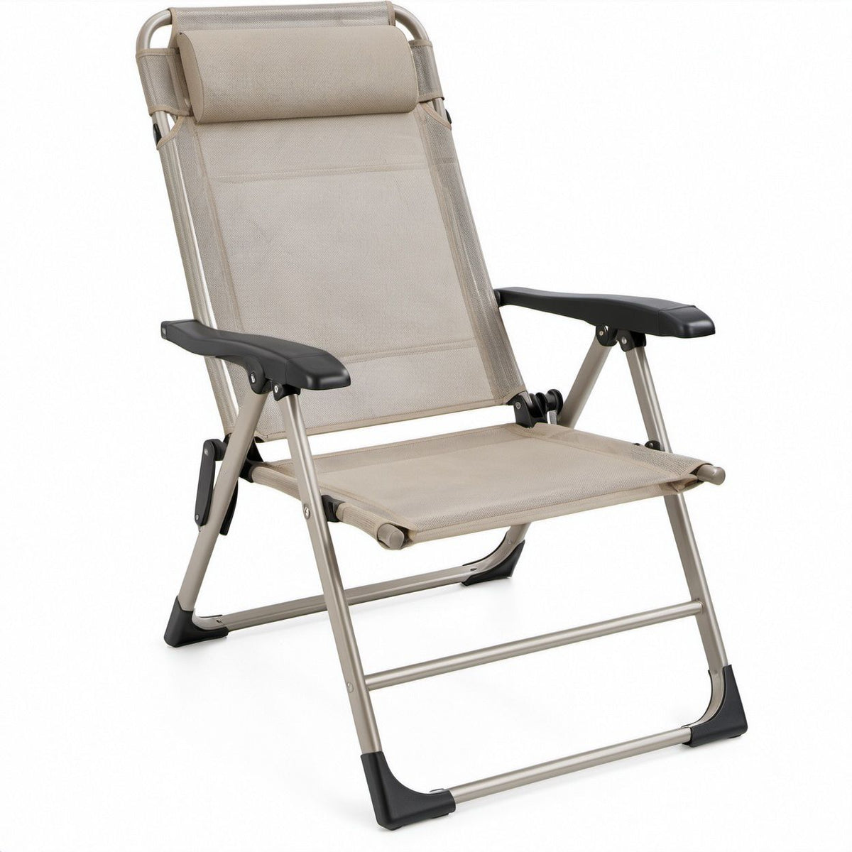 Klappbarer Camping-Hochlehner Beige/Silber/Schwarz, Aluminium und Polyester, 61 x 75 x 110 cm