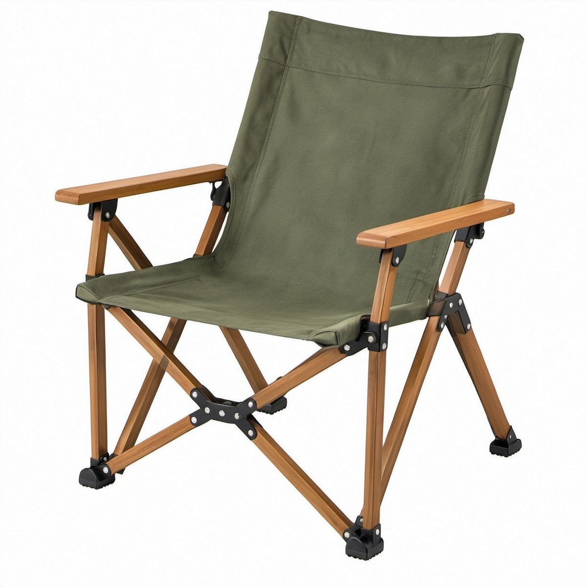 Klappbarer Campingstuhl mit Armlehnen, Olivgrün, Bambus und Polyester, 56 x 48 x 86 cm