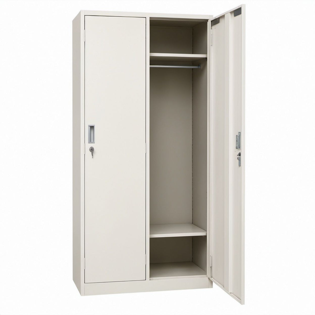 Metall-Kleiderschrank Cremeweiß mit 2 Türen, Kleiderstange und Ablagen, 90 x 45 x 185 cm