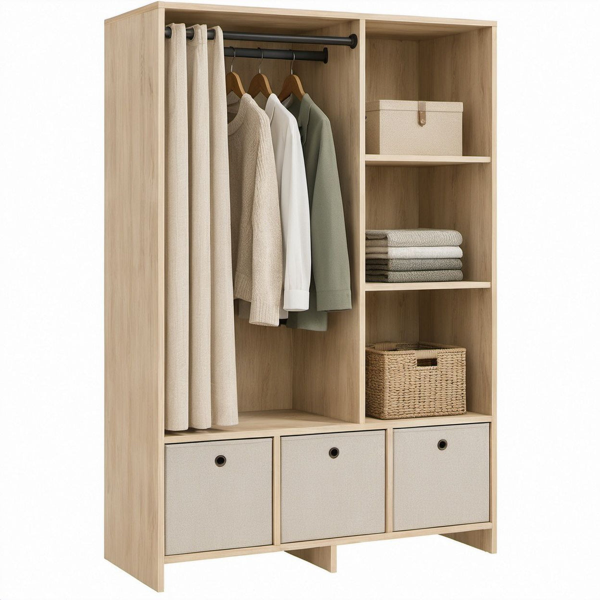 Offener Kleiderschrank in heller Eiche, 120 x 45 x 180 cm, mit Vorhang, 2 Kleiderstangen, 3 Regalfächern und 3 Stoffboxen
