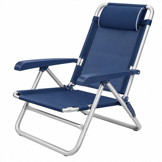 Klappbarer Campingstuhl mit Armlehnen und Kopfstütze, Dunkelblau/Silber, 58 x 67 x 85 cm