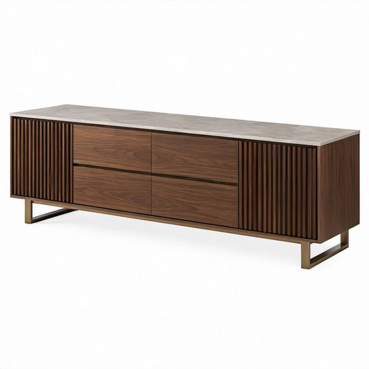 Rechteckiges TV-Lowboard in Nussbraun mit Keramikplatte, 4 Schubladen und 2 Lamellentüren, 200 x 45 x 65 cm