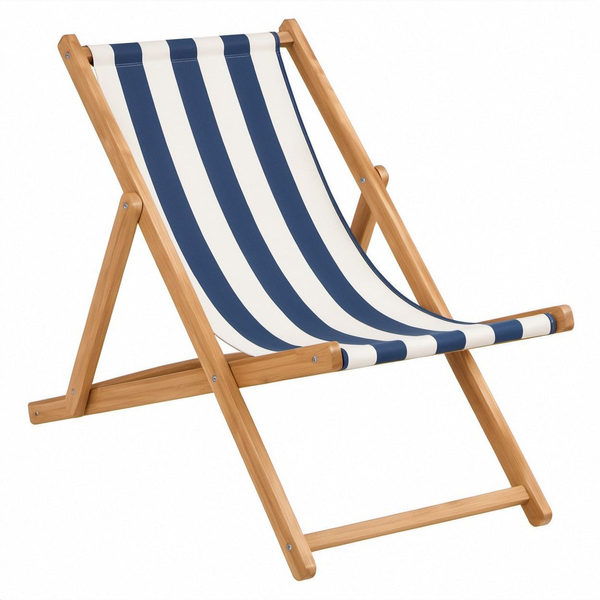 Klappbarer Strandstuhl aus Buchenholz mit blau-weiß gestreiftem Baumwollcanvas, 60 x 98 x 83 cm