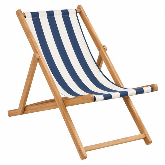 Klappbarer Strandstuhl aus Buchenholz mit blau-weiß gestreiftem Baumwollcanvas, 60 x 98 x 83 cm