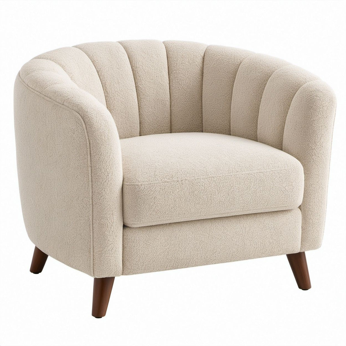 Runder Cocktailsessel aus Creme-Bouclé-Polyester mit dunkelbraunen Holzfüßen, 78 x 76 x 78 cm