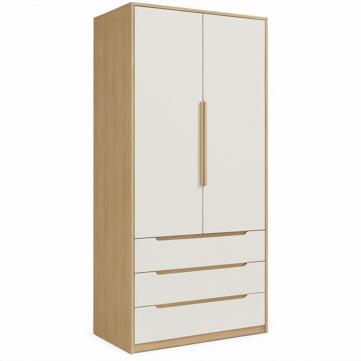 Kleiderschrank Weiß/Natur-Eiche, 2 Drehtüren und 3 Schubladen, 80 x 52 x 200 cm
