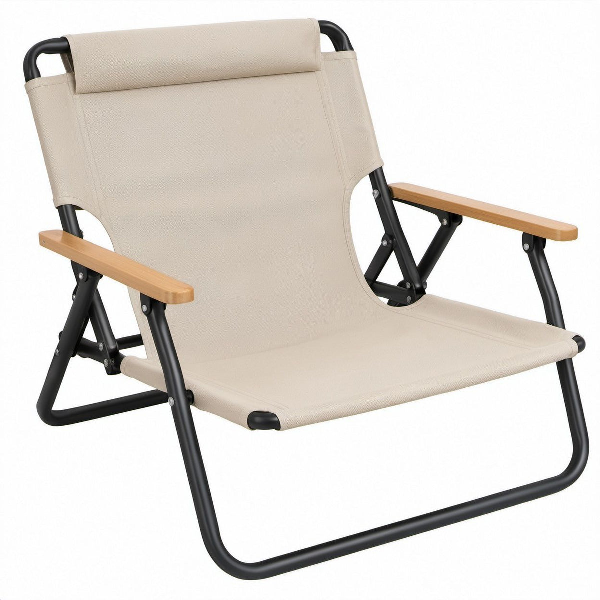 Camping-Klappstuhl mit Bambus-Armlehnen, 60 x 70 x 80 cm, Beige/Schwarz/Natur