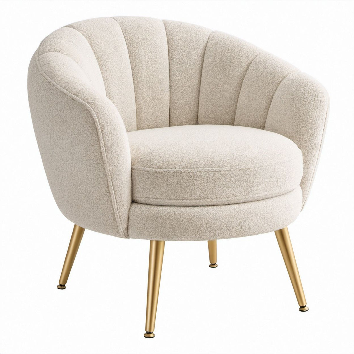 Runder Loungesessel in Creme mit Bouclé-Polyesterbezug und goldfarbenen Stahlbeinen, 76 x 78 x 82 cm