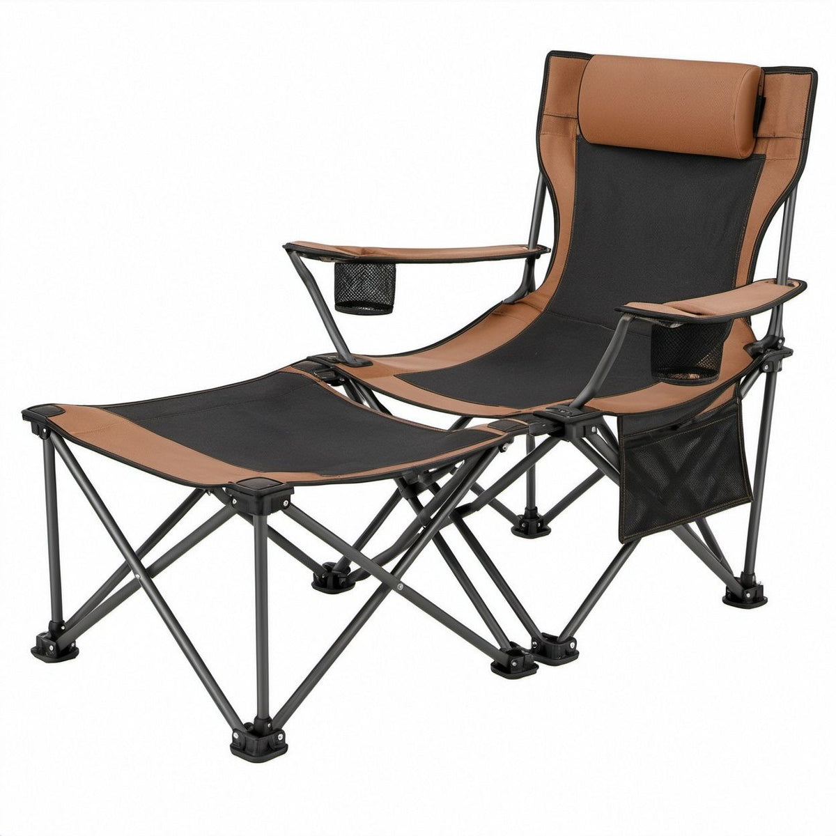 Faltbarer Campingstuhl mit Fußstütze, Schwarz/Braun, 92 x 60 x 105 cm