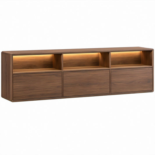 Rechteckiges TV-Lowboard in Walnussbraun mit warmweißer LED-Beleuchtung, 180 x 40 x 60 cm