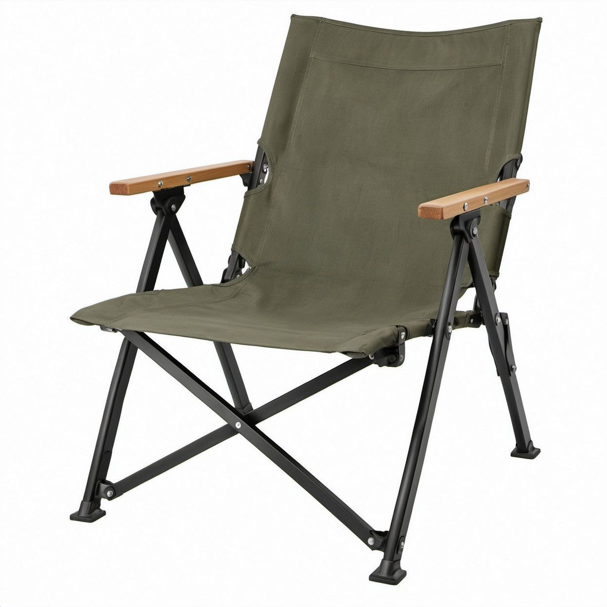Klappbarer Campingstuhl mit hoher Rückenlehne, Olivgrün/Schwarz/Naturbraun, 59 x 66 x 95 cm