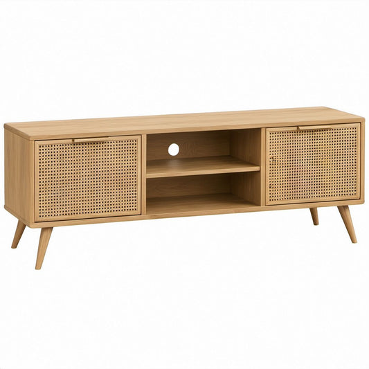 TV-Lowboard aus MDF mit Eichenfurnier und Rattan, Natur, 140 x 40 x 55 cm