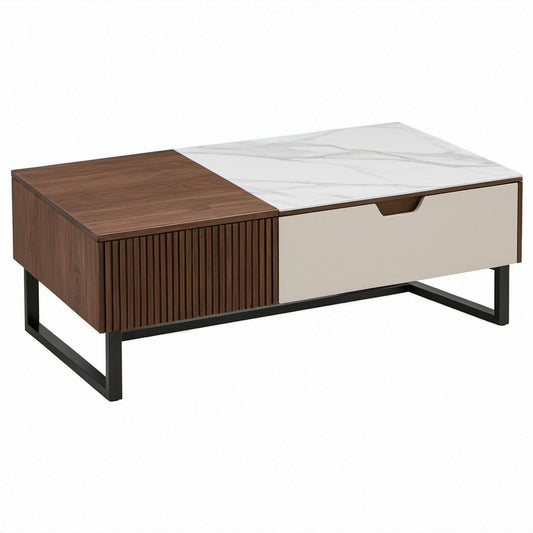 Rechteckiger Couchtisch in Walnussbraun, Weiß und Schwarz, 120 x 60 x 42 cm, mit Schublade und Stauraumfach
