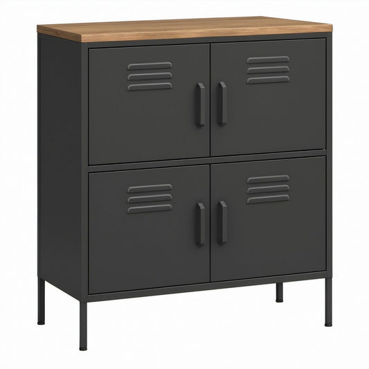 Stahlschrank mit 4 Türen, Schwarz/Walnussbraun, 80 x 40 x 100 cm